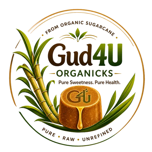 Gud4U Organicks badge with a block of jaggery and sugarcane