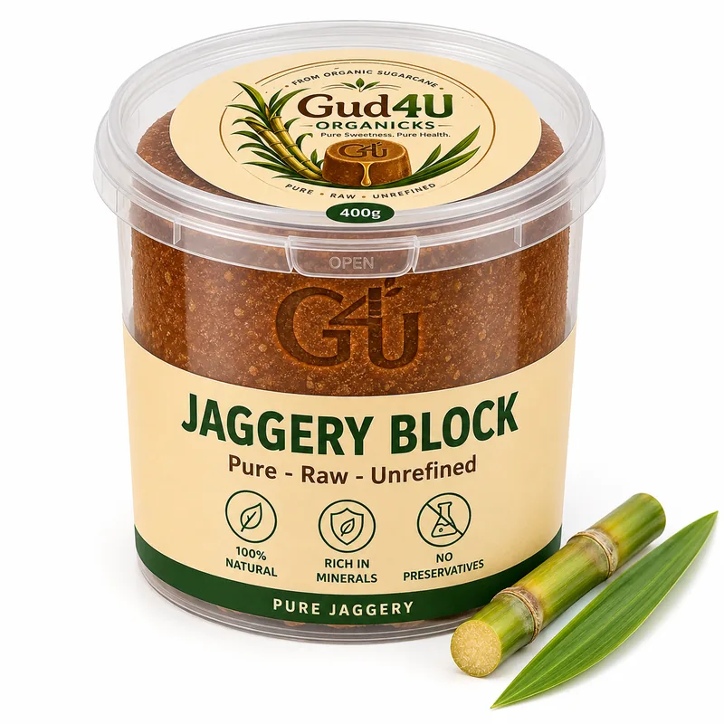 Natural jaggery block, 400 g clear tub